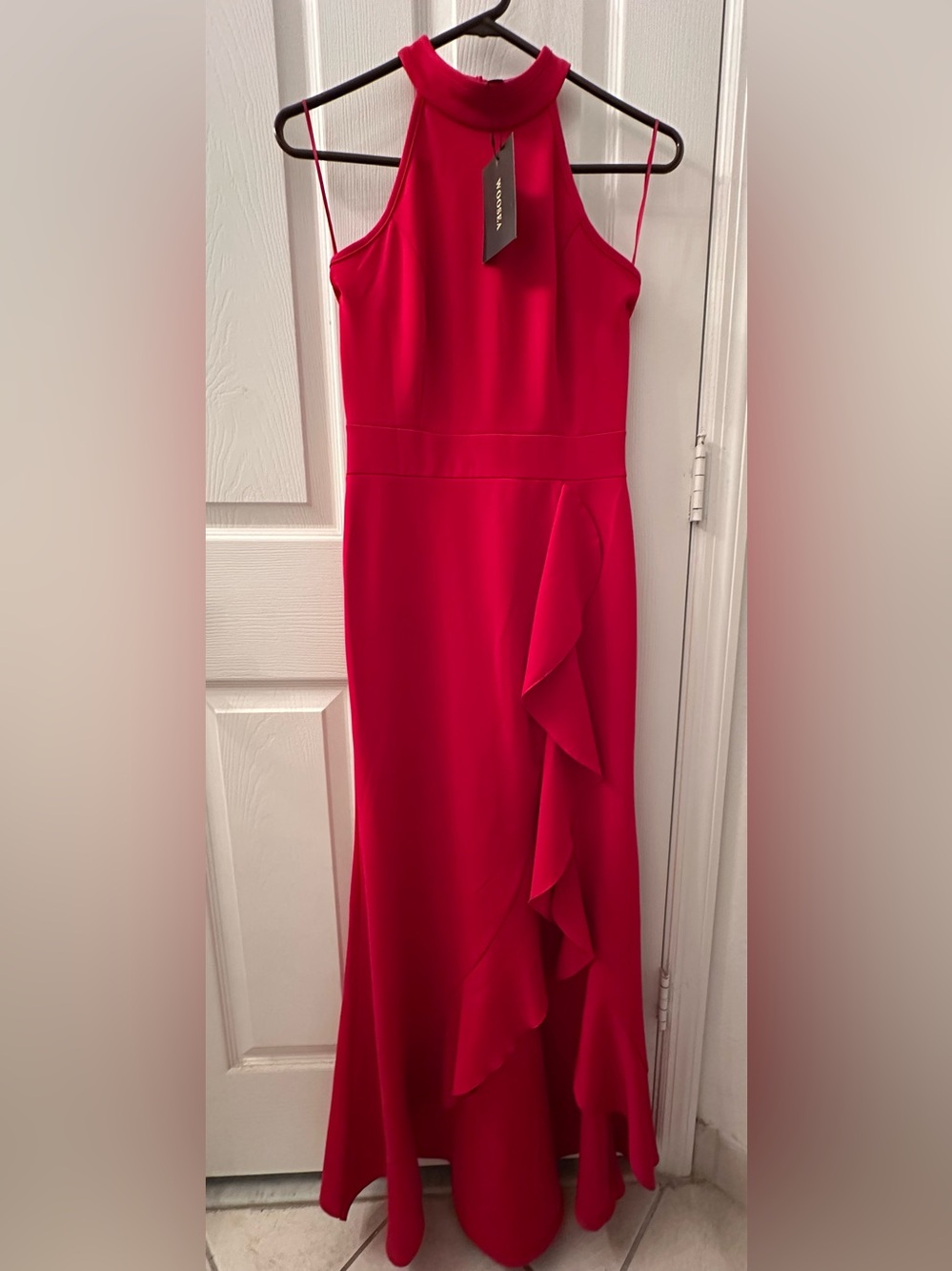 High-Neck Red Maxi Dress with Side Ruffle
